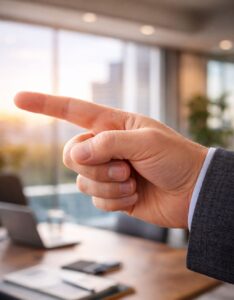 Hand pointing outward with three fingers pointing back symbolizing leadership accountability and self-reflection