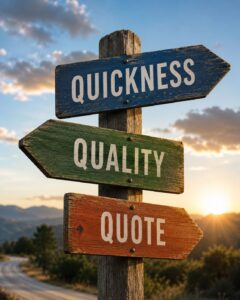 Wooden signpost displaying Quickness, Quality, and Quote, illustrating the three key factors of procurement and purchasing decisions.