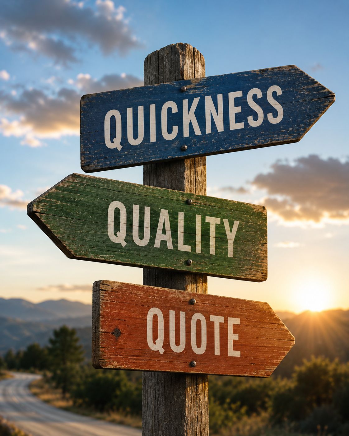 Wooden signpost displaying Quickness, Quality, and Quote, illustrating the three key factors of procurement and purchasing decisions.