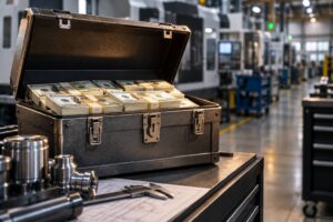 Open metal chest filled with stacks of cash on a workbench inside a modern manufacturing facility, representing a business cash flow war chest.