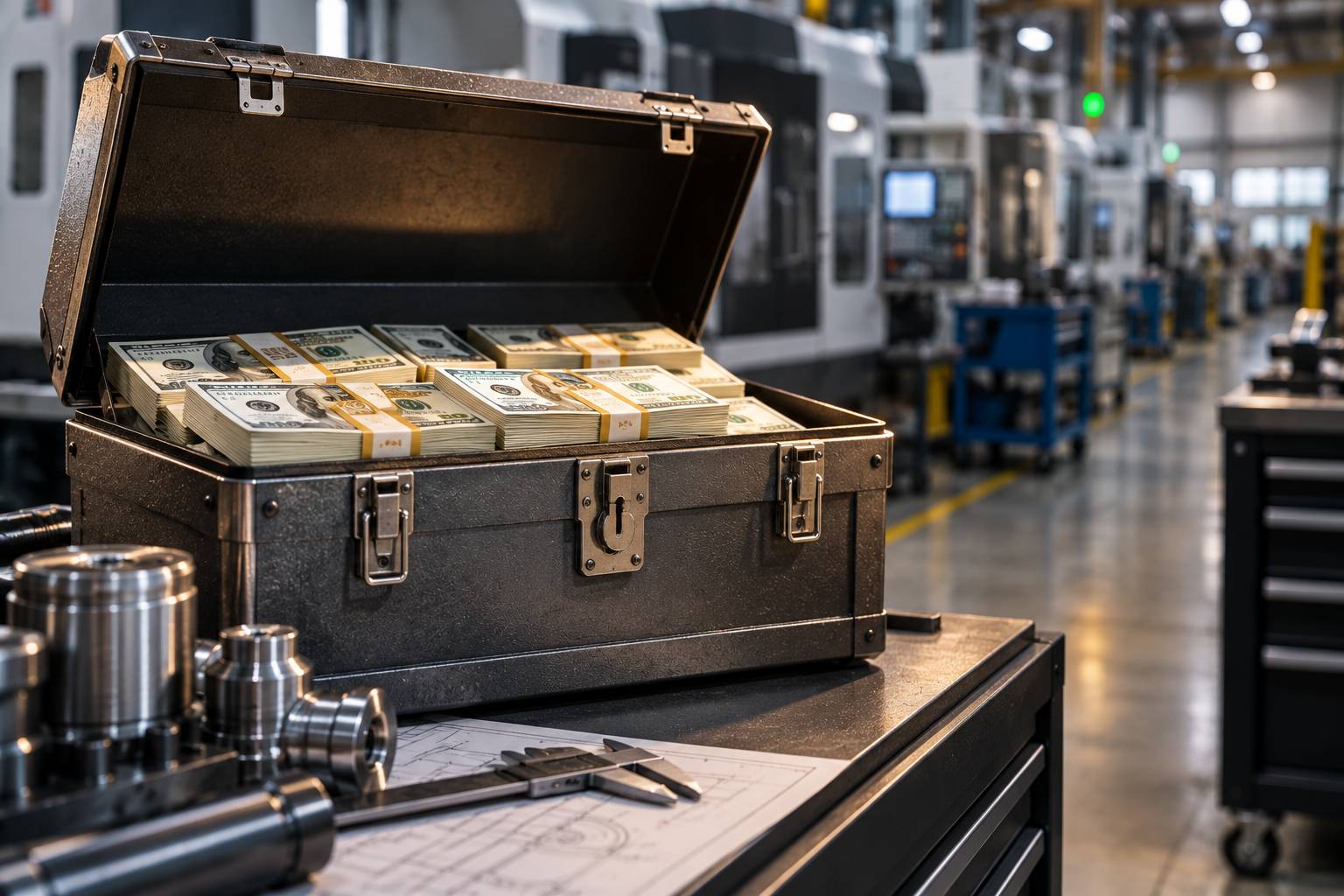 Open metal chest filled with stacks of cash on a workbench inside a modern manufacturing facility, representing a business cash flow war chest.