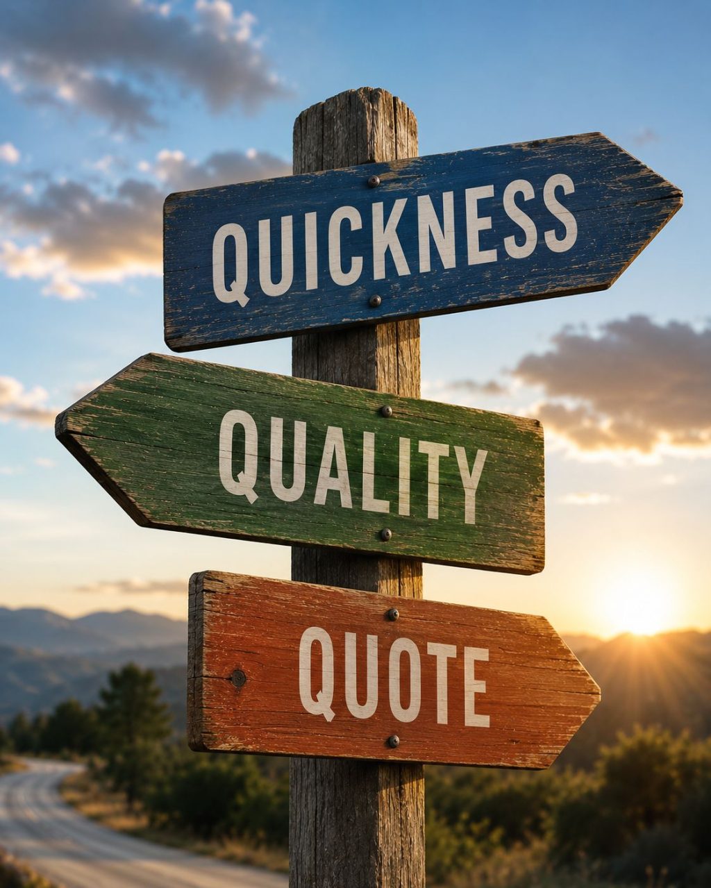 Wooden signpost displaying Quickness, Quality, and Quote, illustrating the three key factors of procurement and purchasing decisions.