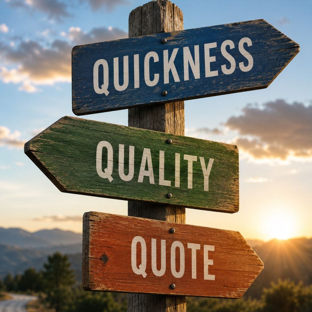 Wooden signpost displaying Quickness, Quality, and Quote, illustrating the three key factors of procurement and purchasing decisions.