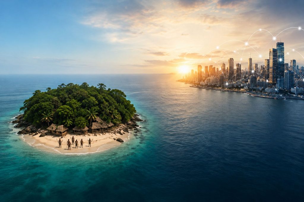 Tropical island isolated from a modern city skyline symbolizing organizational stagnation and business isolation