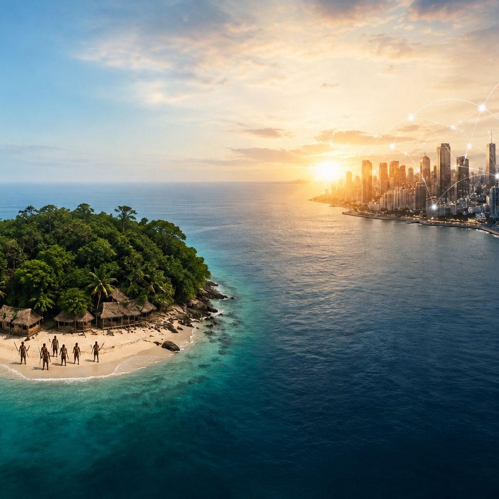 Tropical island isolated from a modern city skyline symbolizing organizational stagnation and business isolation