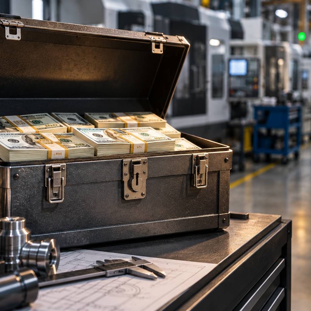 Open metal chest filled with stacks of cash on a workbench inside a modern manufacturing facility, representing a business cash flow war chest.