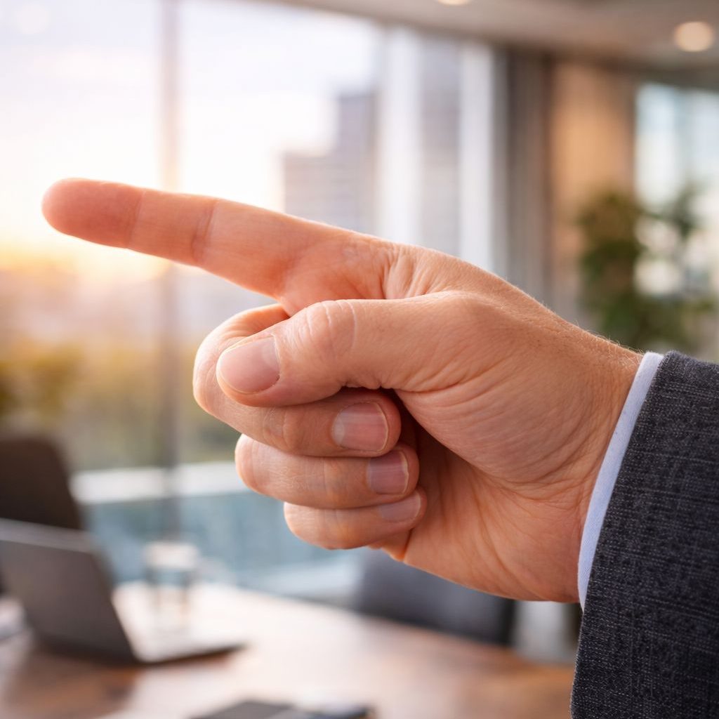 Hand pointing outward with three fingers pointing back symbolizing leadership accountability and self-reflection